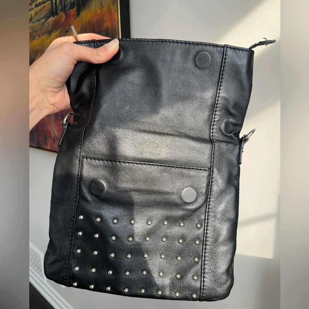 Danier | Black Studded Leather HandBag, Silver Strip Detail, Magnet Closure - Picture 9 of 14